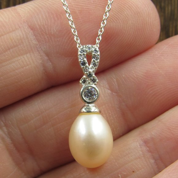 Jewelry - 18" Sterling Silver Large Real Pearl & CZ Necklace